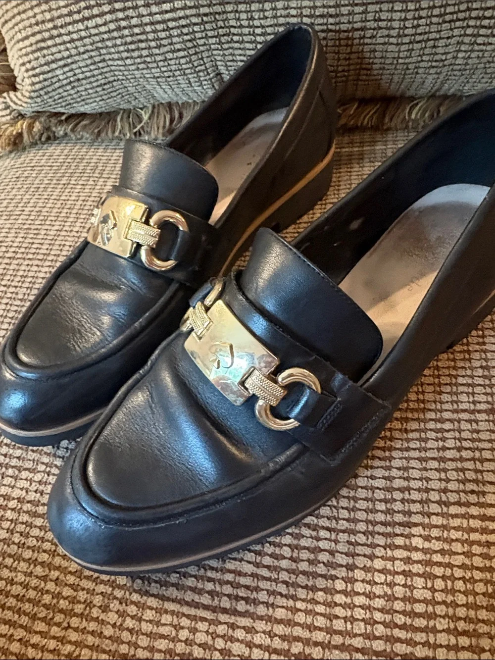 Kate Spade Black Leather Womans Slip-On Loafers with Gold Plate
